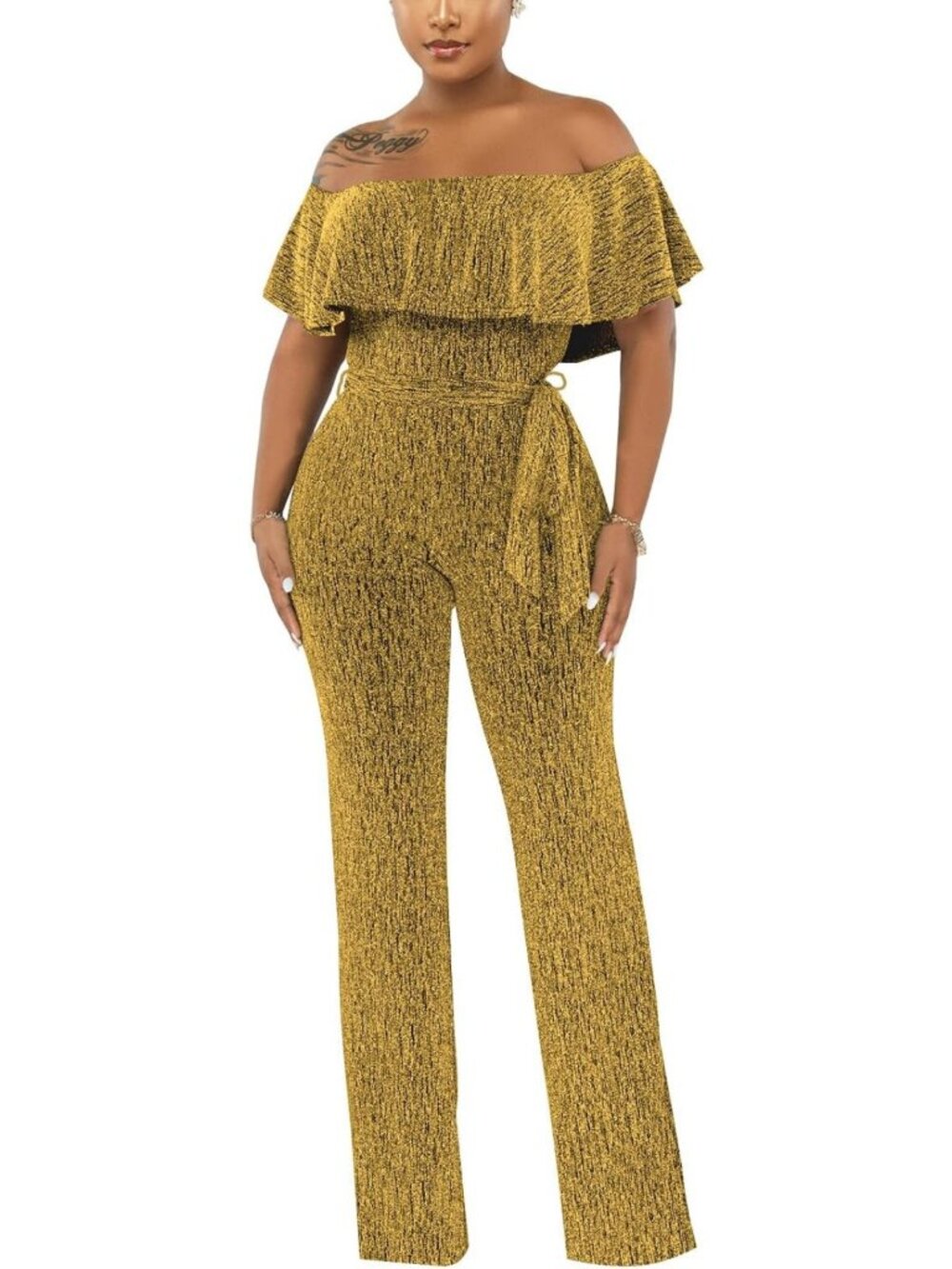 Chic Off-Shoulder Sparkly Jumpsuit | Casual Loose Wide Leg Romper for Parties